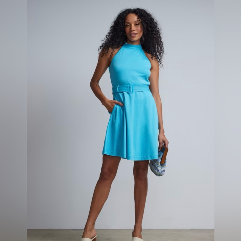 NY & CO. BELTED HALTER-NECK FLARE DRESS